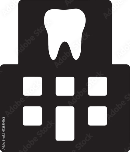 Silhouette of a dental clinic building icon, ideal for dentistry, healthcare, and medical designs.