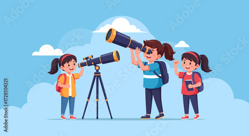 Children Exploring The Stars Through Telescopes On A Sky Background