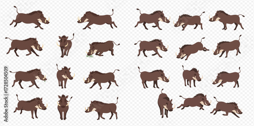Collection of cartoon warthogs in various poses, including running, walking, and standing.