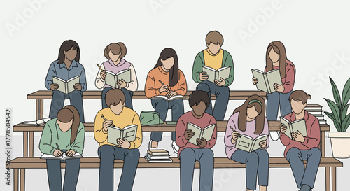Diverse Students Studying Together on Bleacher Seats in an Open Space