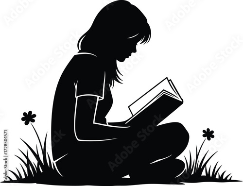 Girl Reading Book in Grass Silhouette Vector - Education, Learning, Relaxation, and Outdoor Study Icon.