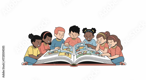 Enthusiastic Children Gathered Around Large Picture Book