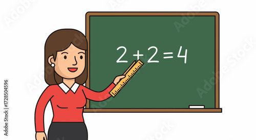 Enthusiastic Teacher Explaining Math Problem on Chalkboard with Ruler