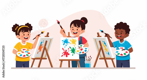 Happy Children Painting Together During Art Class At School