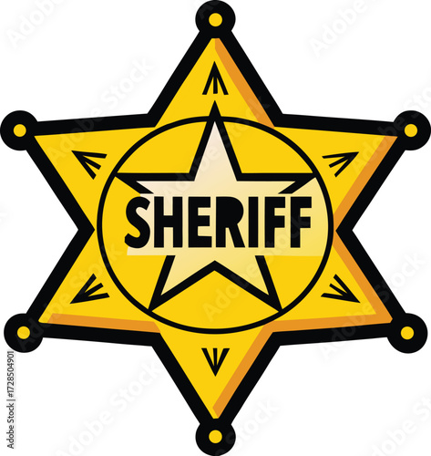 A yellow six pointed sheriff badge with black outline and text star vector illustration EPS file download.