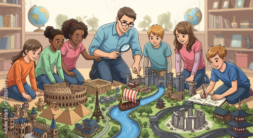 Teacher And Children Explore World Landmarks In Classroom Setting