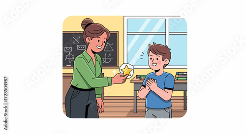 Teacher Gives Star Award To Pupil In Classroom Illustration
