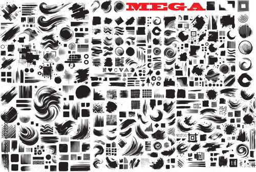  A dense mosaic of black geometric forms arranged in a grid, with bold red MEGA typography at the top. Evokes modern, digital energy suitable for design, branding, and creative projects