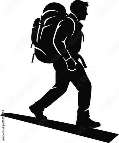 Hiker or backpacker silhouette on a path: male figure carrying a large travel rucksack, black vector graphic for trekking, adventure, and travel concepts.
