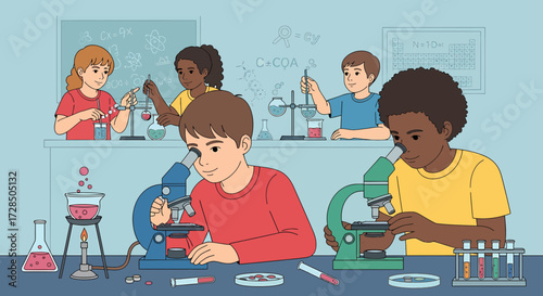 Young Students Engaging In Scientific Investigations In The School Laboratory