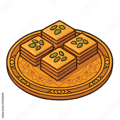 Flat vector illustration of Baklava pastries with pistachios and almonds