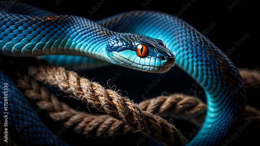 Fototapeta premium Blue snake coiled on a rope with striking orange eyes on a dark background