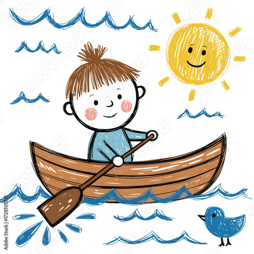 A cartoon vector illustration of a little boy fishing in a boat on the water during summer fun activity
