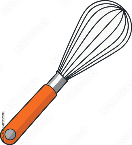 Orange handled kitchen whisk with black wire loops and grey metal collar utensil cooking vector illustration EPS file download.