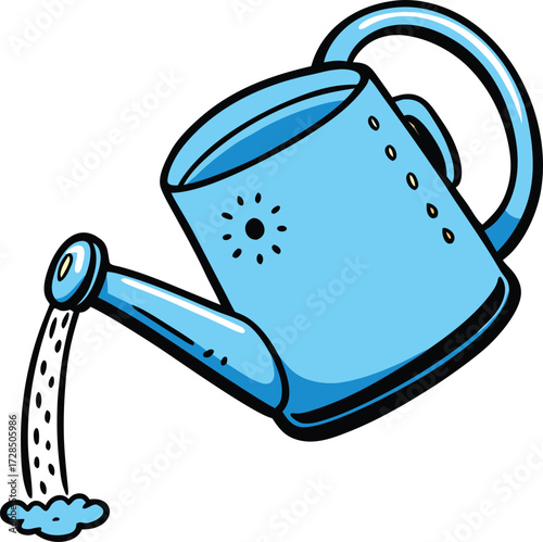Light blue watering can pouring water with black outline vector.