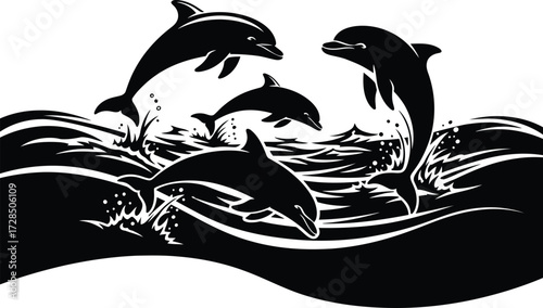 Group of dolphins jumping waves silhouette: family of marine mammals leaping from the ocean surf, black vector graphic for sea life and nature conservation.