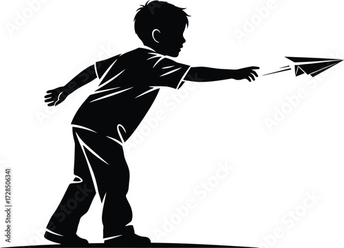Child throwing a paper airplane silhouette: boy playing with a simple folded toy plane, black vector graphic representing childhood, imagination, and freedom.