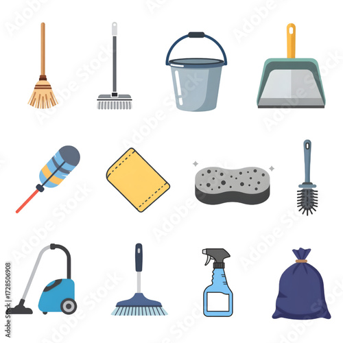 Flat Design Household Cleaning Tools Icon Set