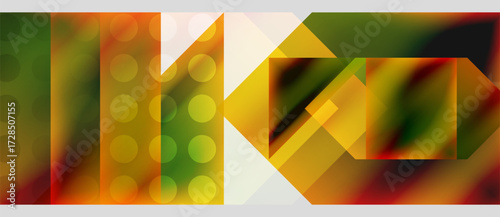 Abstract geometric composition. Warm colors dominate, featuring triangles, rectangles, circles. Complex layering creates visual depth.