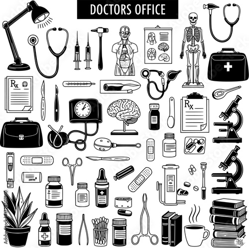 Detailed Black and White Vector Set of Medical Instruments, Office Supplies, and Anatomical Models for Doctors, Hospitals, and Healthcare Professionals