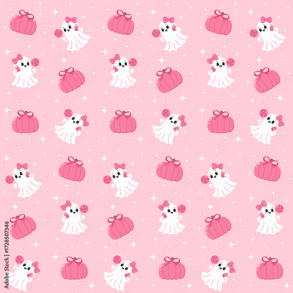 Fototapeta premium Cute Pink Halloween Seamless Pattern with Kawaii Ghosts and Pumpkins on soft pink background with sparkles. Ideal for children's products, textiles, packaging, and decorative materials for Halloween