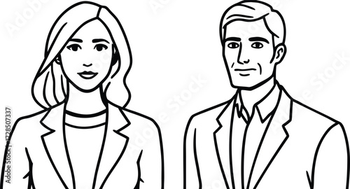 Minimalist single line drawing of a smiling woman and a man in suits black white vector illustration EPS file download.