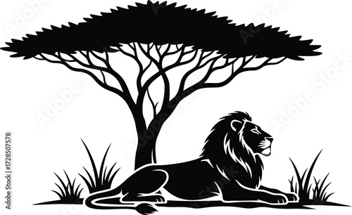 African Lion Under Acacia Tree Silhouette: Majestic Lion Lying Down in the Grass Beneath a Flat-topped Tree, Black Vector Graphic for Safari and Wildlife.