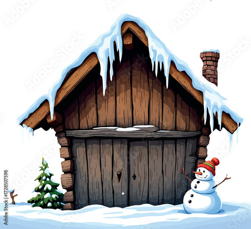 Vsai winter scene with snowman and rustic wooden cabin