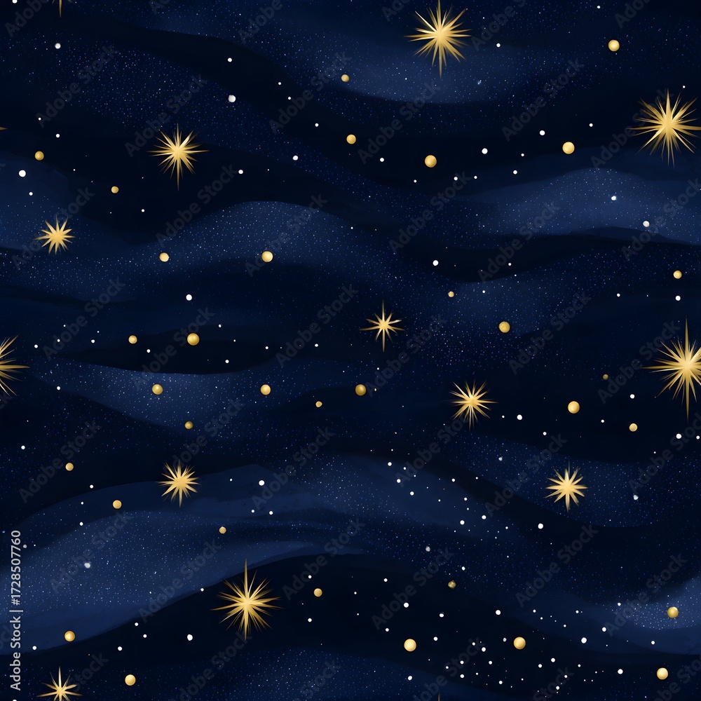 Fototapeta premium Starry winter night seamless with shimmering lights and deep celestial sky patterns