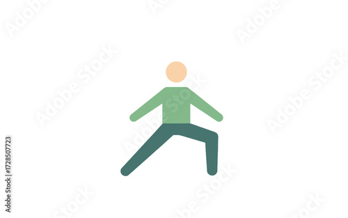 A simple, stylized illustration of a person in a yoga pose, with a green shirt and blue pants.