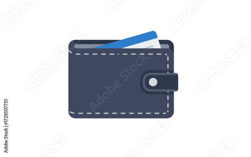 A dark blue wallet with a credit card peeking out from the top, isolated on a white background.