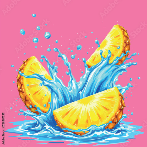 Vsai pineapple slices splashing in fresh water for refreshment