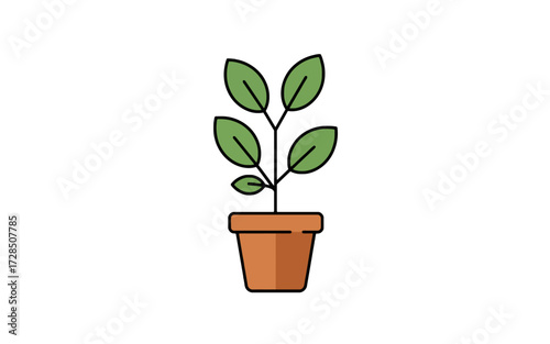 A simple illustration of a green plant with leaves growing in a brown terracotta pot.