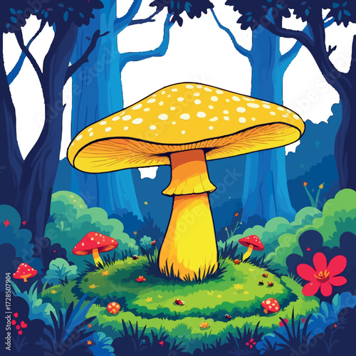 Vsai giant mushroom growing in whimsical forest clearing