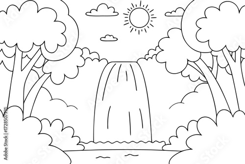 Cartoon outline of a waterfall in a forest with sun and clouds nature trees