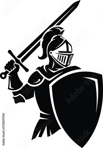 Medieval Knight Mascot Silhouette: Crusader in Full Armor Holding a Sword and Shield, Black and White Vector Graphic for Heraldry, Gaming, and Security Logos.
