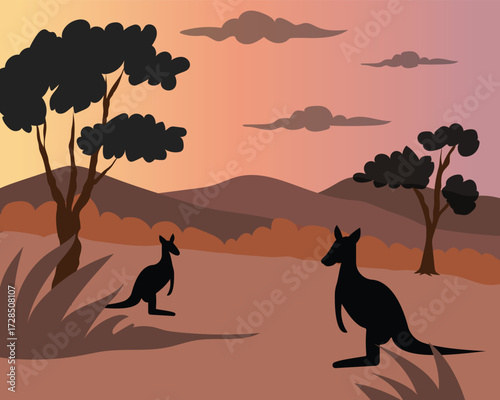 Beautiful Australian landscape Illustration with kangaroos vector. Kangaroo at sunset. Vector illustration of amazing wild nature of Australian savannah, mountains, trees kangaroos and amazing sunset.