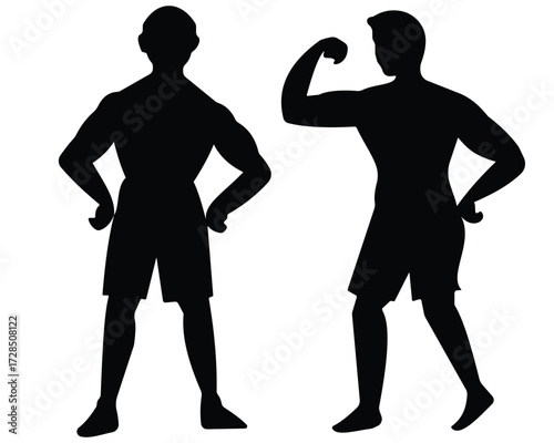 Male bodybuilder vector icon, Silhouette of  man. Body building icon. Man standing physical workout vector illustration.