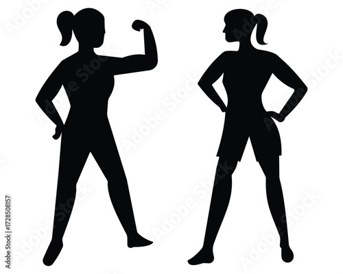 Female bodybuilder vector icon, Silhouette of  woman. Body building icon. Woman standing physical workout vector illustration.