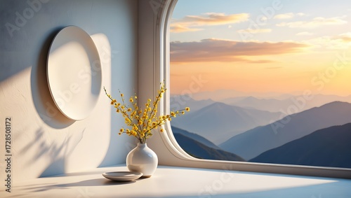 Fototapeta Naklejka Na Ścianę i Meble -  Minimalist interior with mountain view and yellow flowers on a bright morning day