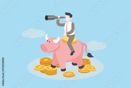Businessman riding a pink bull with a spyglass searching for financial growth and investment opportunities surrounded by gold coins