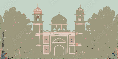 Stylized illustration of an ornate mughal architectural gateway with minarets and domes surrounded by trees and decorative elements
