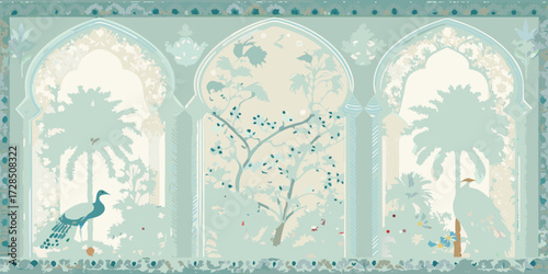 Elegant mughal inspired garden scene with peacocks and palm trees viewed through arched windows