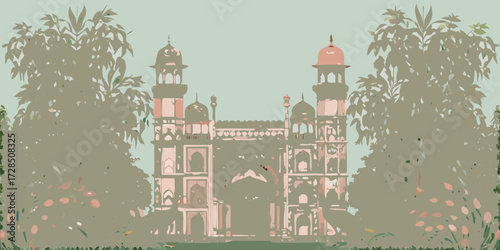 Stylized illustration of a historical indian building with domes and intricate architecture framed by lush foliage and flowers