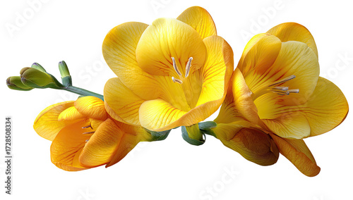 Close-up of three vibrant yellow freesia flowers, delicate petals