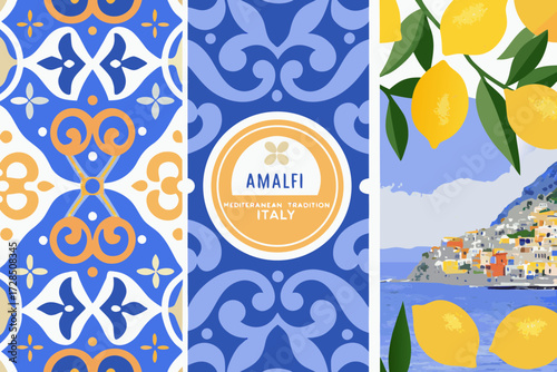 Vibrant amalfi coast scene with lemons and traditional italian tile patterns