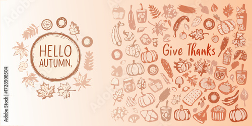 Hello autumn give thanks fall harvest seasonal greetings decorative elements and autumnal icons