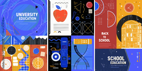 Abstract collage of educational elements including university and school concepts with graphic design and bold colors