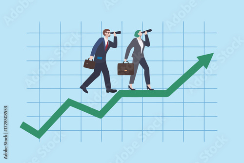 Two business professionals with briefcases look through telescopes on an upward trending green graph against a blue grid background