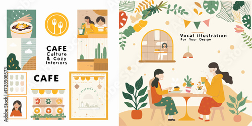 Cozy cafe scene with friends enjoying drinks and plants in a relaxed atmosphere